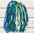 Ocean Breeze recycled sari silk ribbon yarn in cobalt blue, emerald green and white tones