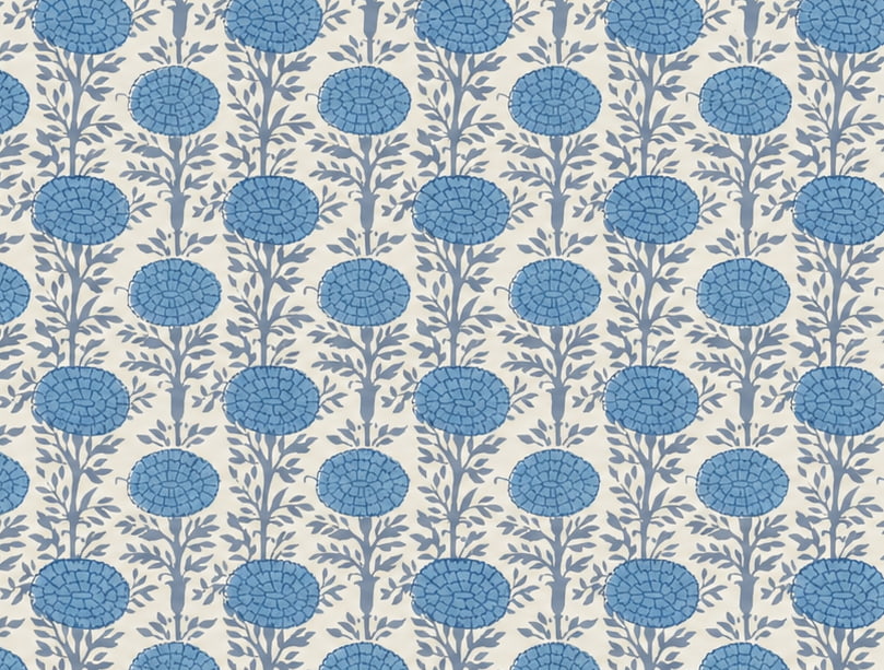 Powder blue and ivory floral block printed cotton fabric with repeating marigold motifs
