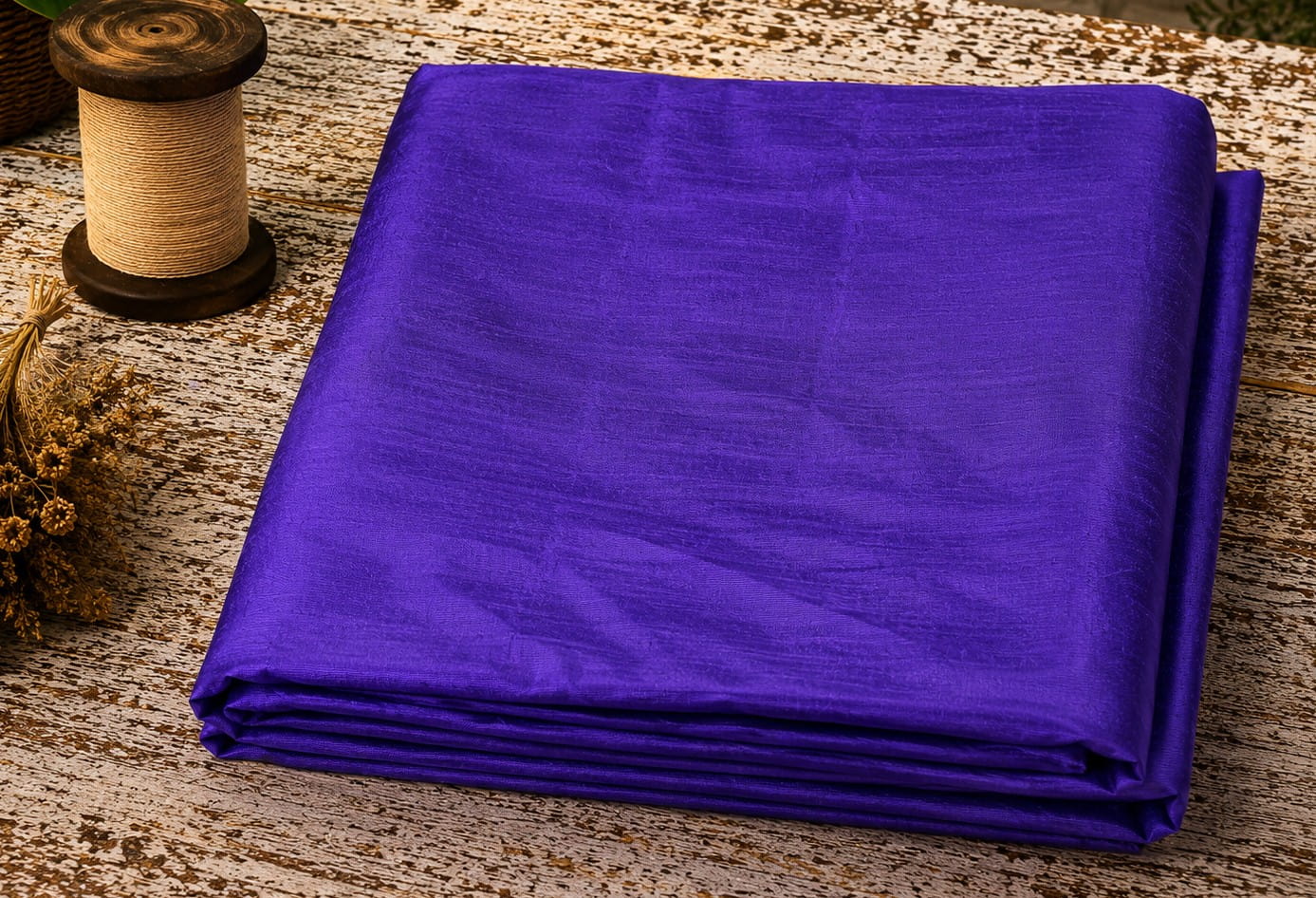 Blue Violet Dupion Silk Fabric folded to showcase its rich violet-blue colour, natural silk texture, and luminous sheen