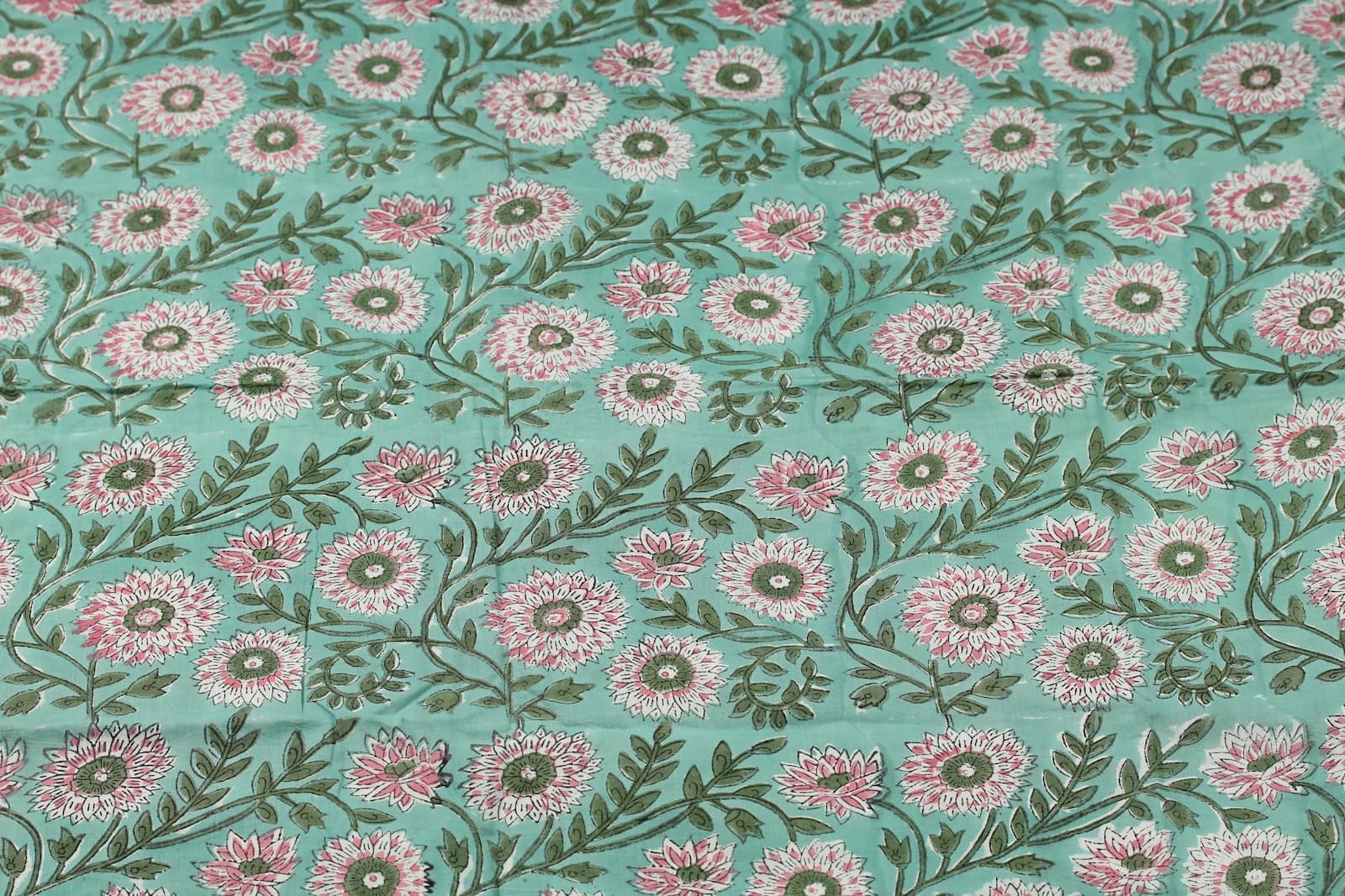 Aqua floral block print cotton fabric with pink chrysanthemum blooms and olive green vines