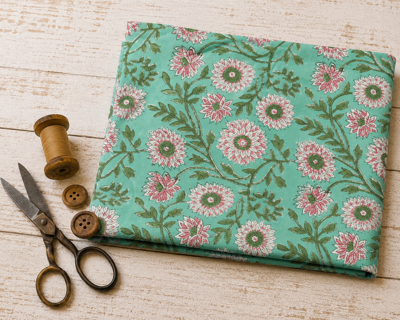 Folded hand block printed cotton fabric with blush pink chrysanthemum flowers on a soft aqua background