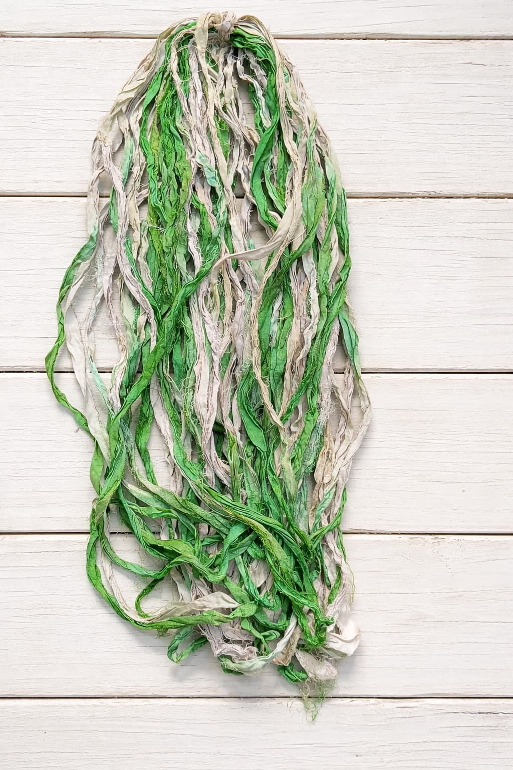 Spring meadow sari silk ribbon yarn with fresh green and ivory tones