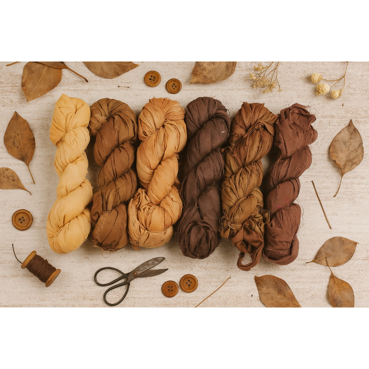 Assorted brown shades of sari silk ribbon in almond, tan, caramel, mocha, and umber — handmade from recycled sari silk, 50g skeins