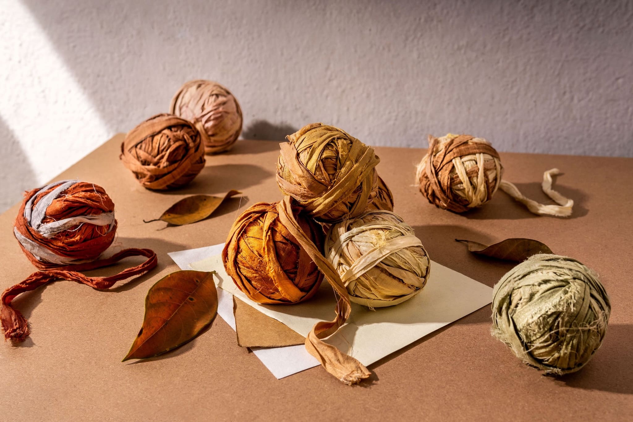 Main image of hand-dyed brown Sari silk ribbon, soft texture, ideal for sustainable crafting and fiber arts.