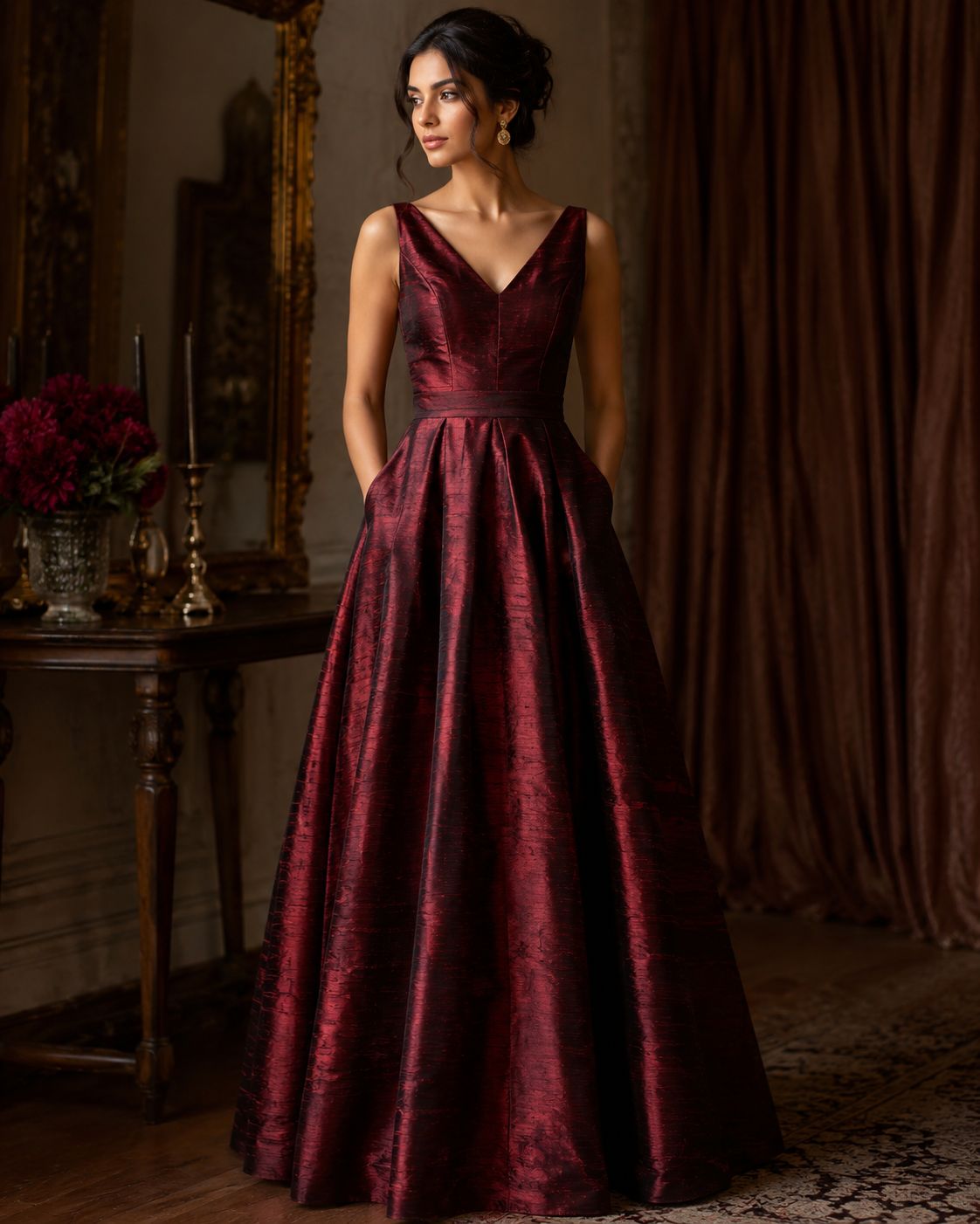 Evening gown made from ruby red Dupion silk fabric.