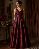 Evening gown made from ruby red Dupion silk fabric.