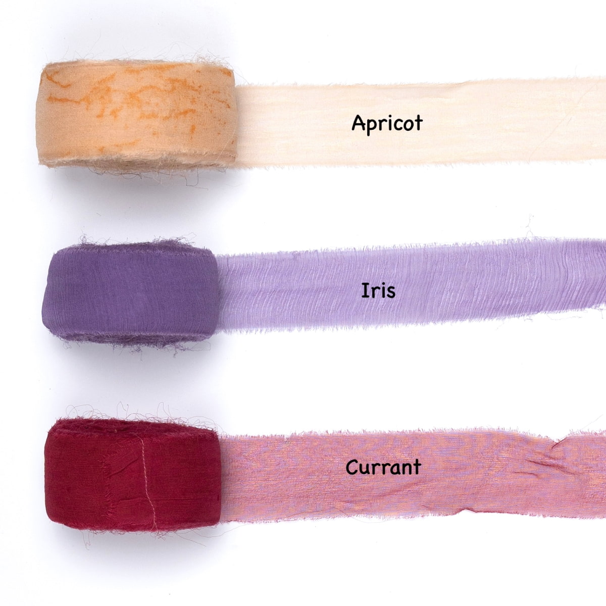 Chiffon silk ribbons in apricot, iris, and currant – warm toned hand-dyed silk trim