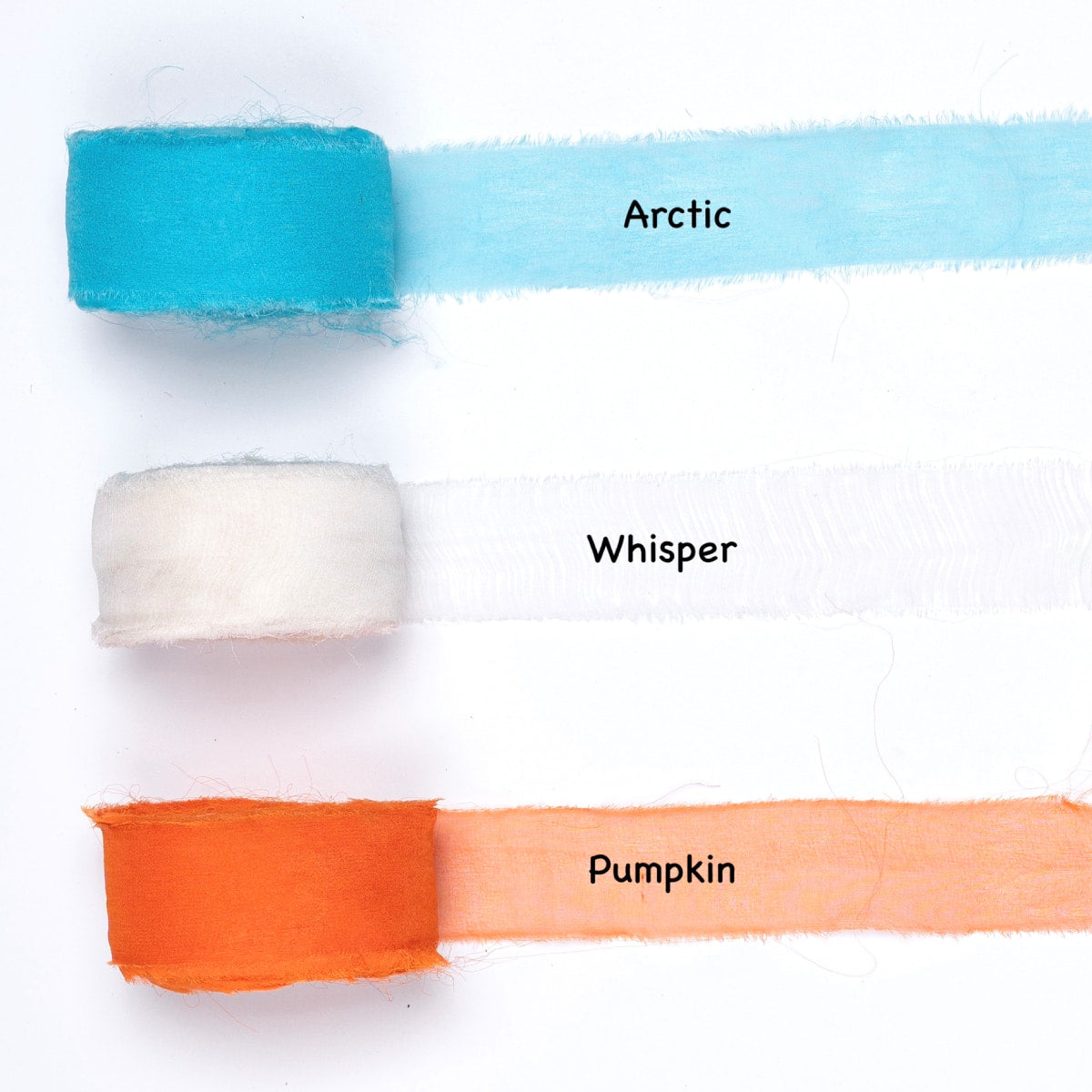 Chiffon silk ribbons in arctic blue, white, and pumpkin – sheer silk ribbon rolls