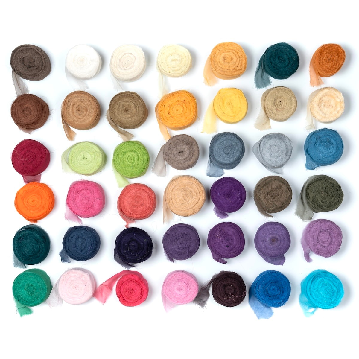 Assorted chiffon silk ribbon rolls in 45 colors – sheer hand-dyed silk ribbons flat lay