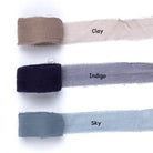 Chiffon silk ribbons in clay, indigo, and sky blue tones – soft sheer silk ribbons