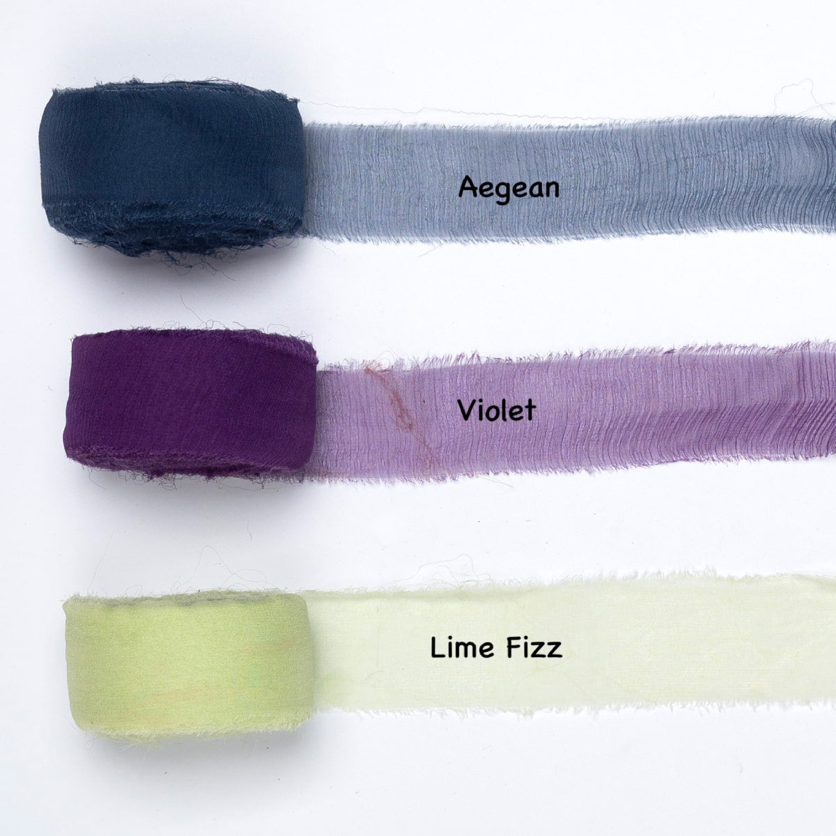 chiffon silk ribbons in aegean blue, violet, and lime fizz green – sheer hand-dyed silk ribbon rolls