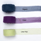 chiffon silk ribbons in aegean blue, violet, and lime fizz green – sheer hand-dyed silk ribbon rolls