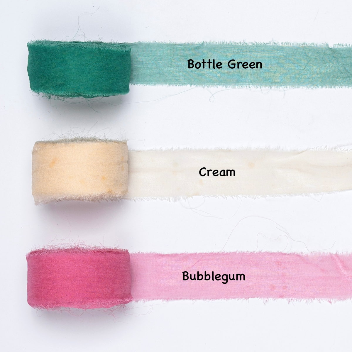 Chiffon silk ribbons in bottle green, cream, and bubblegum pink – sheer silk trim