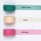 Chiffon silk ribbons in bottle green, cream, and bubblegum pink – sheer silk trim