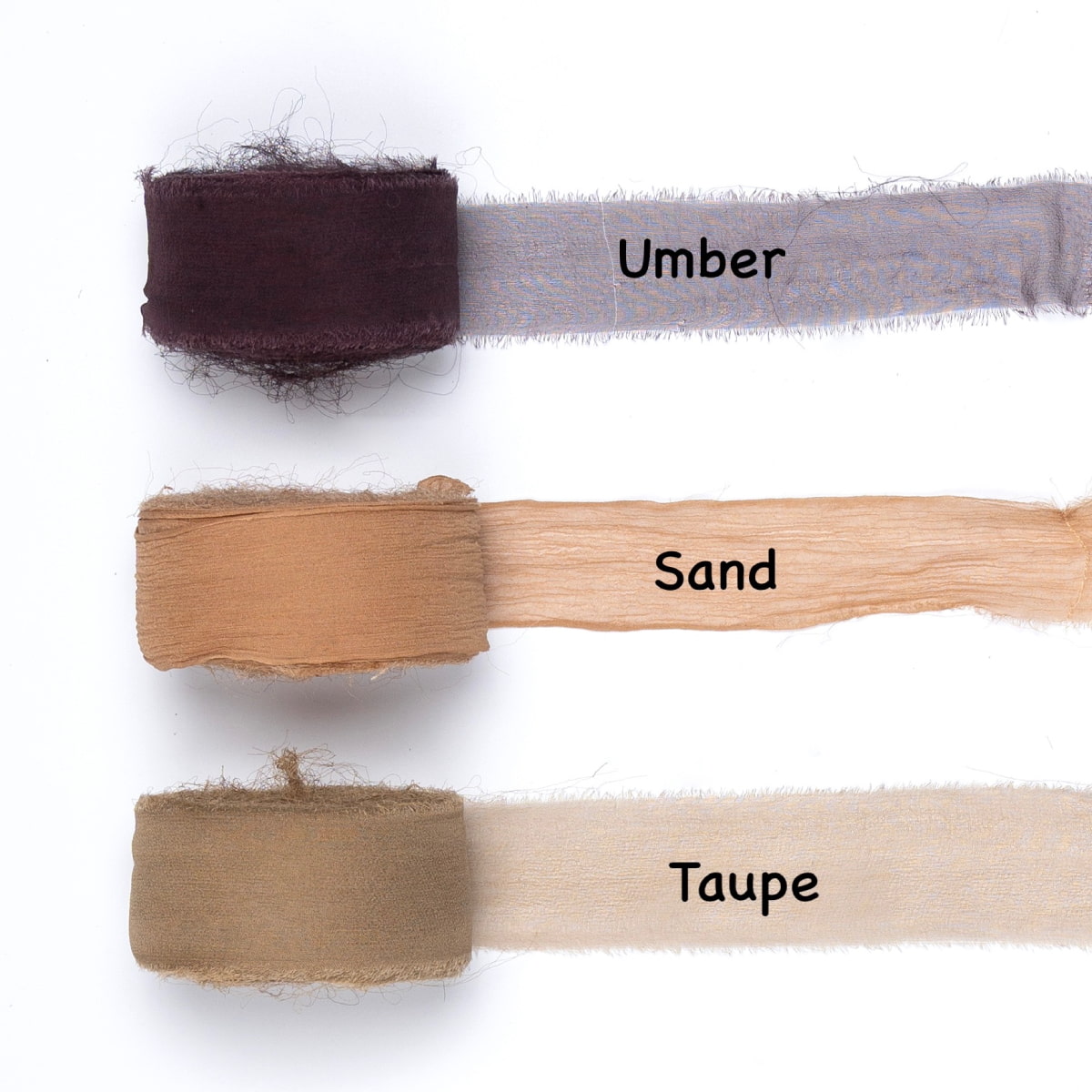 Chiffon silk ribbon rolls in umber, sand, and taupe brown shades – sheer hand-dyed silk trim
