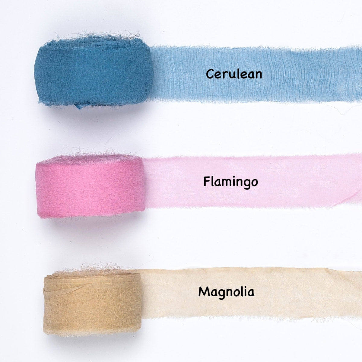 Chiffon silk ribbon rolls in cerulean blue, flamingo pink, and magnolia – lightweight silk ribbon