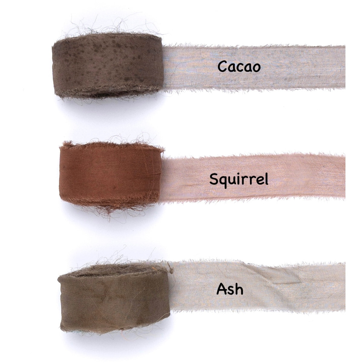 Chiffon silk ribbon rolls in cocoa, squirrel brown, and ash grey – hand-dyed silk ribbons