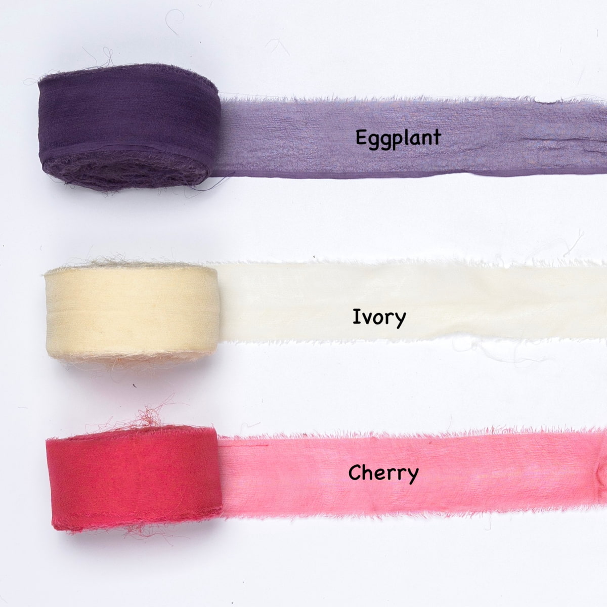 Chiffon silk ribbons in eggplant, ivory, and cherry red – sheer silk rolls