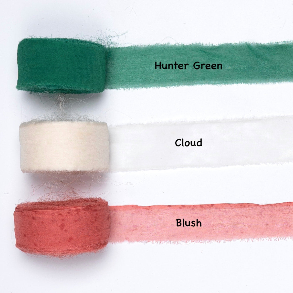 Chiffon silk ribbons in hunter green, cream, and blush pink – soft sheer silk rolls
