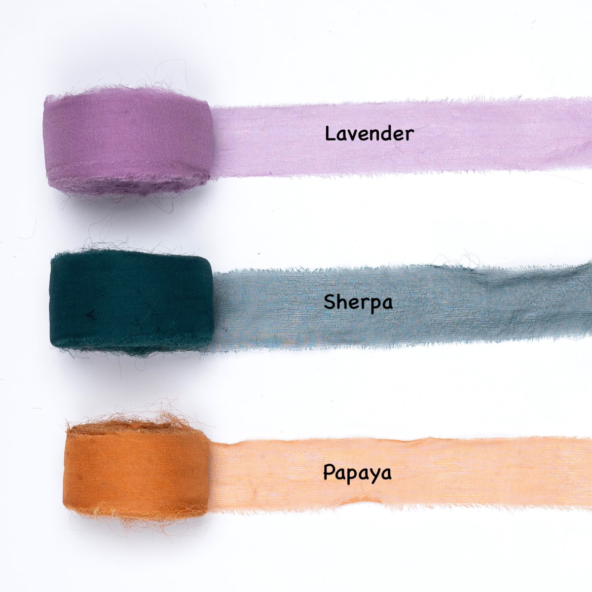 Chiffon silk ribbons in lavender, sherpa green, and papaya – hand-dyed silk
