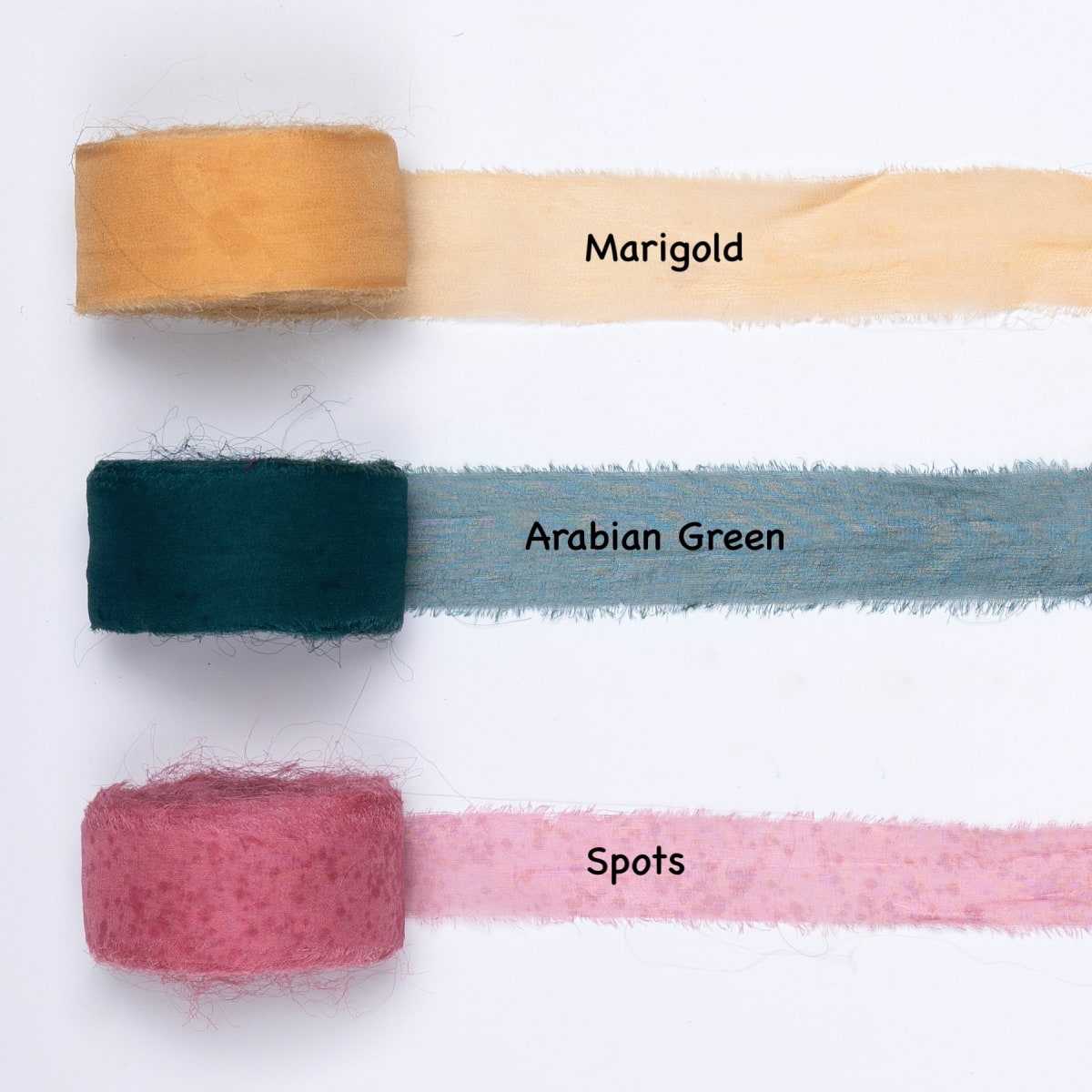 Chiffon silk ribbons in marigold yellow, arabian green, and spotted red – bright sheer silk ribbons