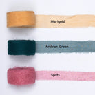 Chiffon silk ribbons in marigold yellow, arabian green, and spotted red – bright sheer silk ribbons