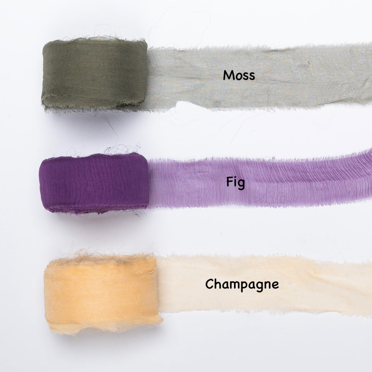 Chiffon silk ribbon rolls in moss green, fig, and champagne – hand-dyed sheer silk