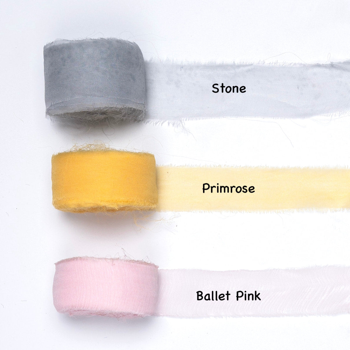 Chiffon silk ribbon rolls in pastel stone, primrose, and ballet pink shades – delicate sheer ribbons