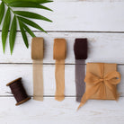 Brown gift box wrapped with Sand coloured chiffon silk ribbon – luxury sheer silk gift wrapping