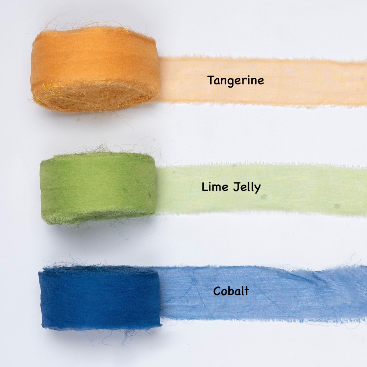 Chiffon silk ribbons in tangerine orange, lime jelly green, and cobalt blue – sheer silk trims