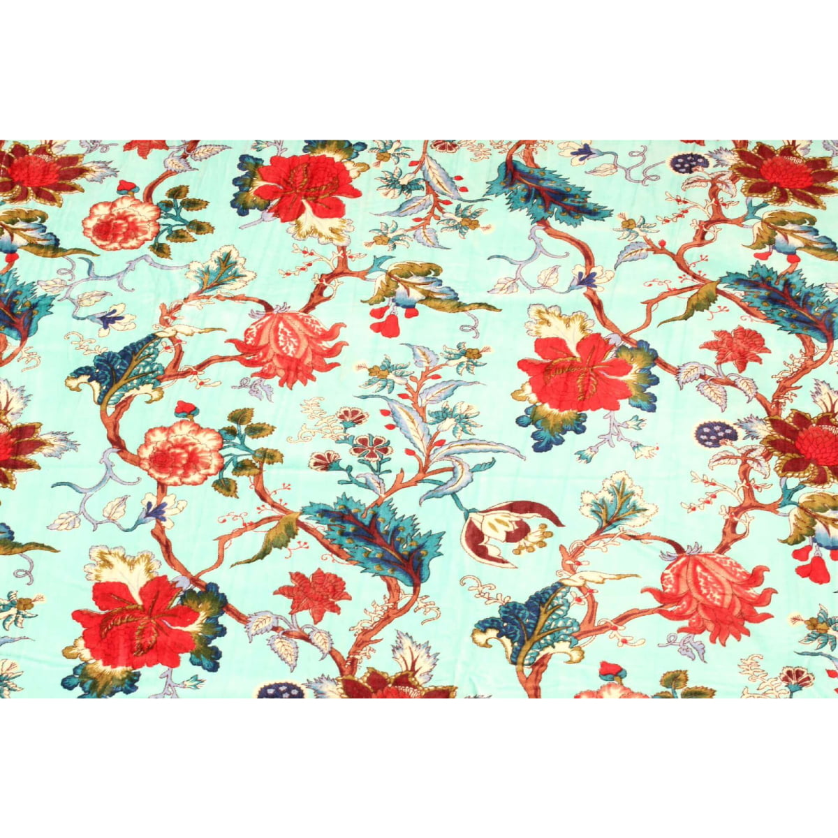 Close-up of hand-printed flowers on turquoise velvet