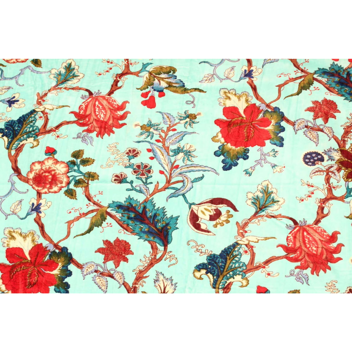 Light turquoise cotton velvet with hand-printed red and orange floral pattern – flatlay view