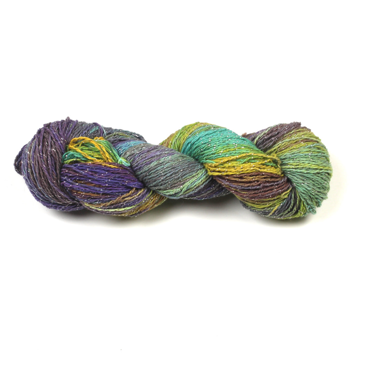 Cotton-Linen Sparkle Yarn in blue, yellow, green & lavender – multicolor DK blend with lurex.