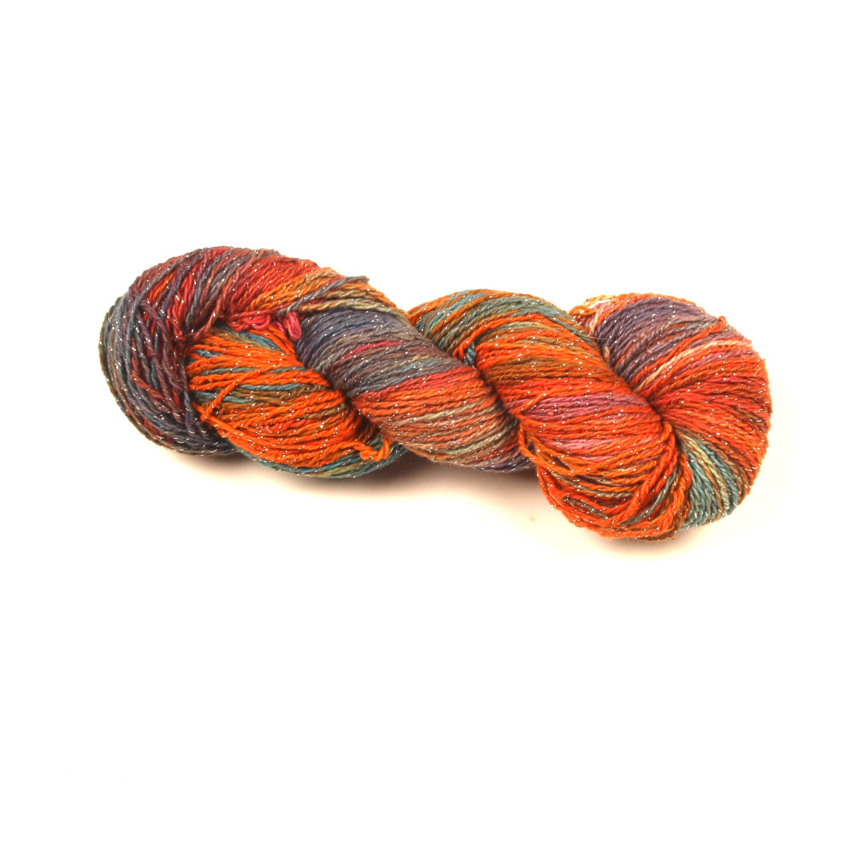 Cotton-Linen Sparkle Yarn in orange, green, purple & gray – DK yarn with metallic twist.
