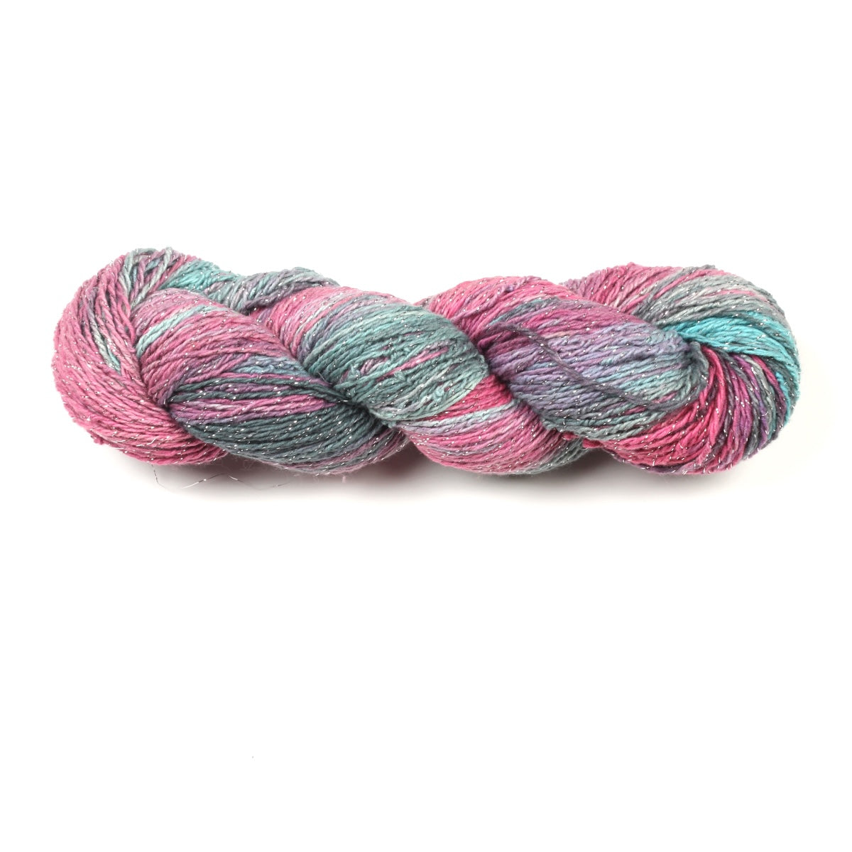 Cotton-Linen Sparkle Yarn in pink, teal, gray & green – DK blend with soft metallic sheen.
