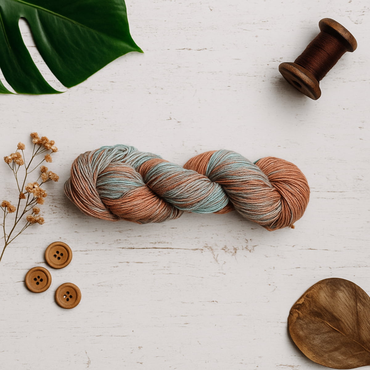 Hand-dyed Cotton Linen Yarn – “Sunset Tide” shade with blue, orange, and white tie-dye tones, soft cotton-linen blend styled image