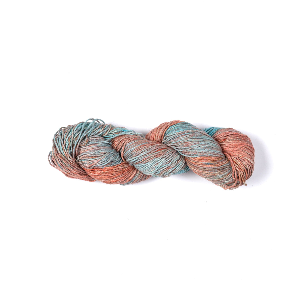 Hand-dyed Cotton Linen Yarn – “Sunset Tide” shade with blue, orange, and white tie-dye tones, soft cotton-linen blend on white background