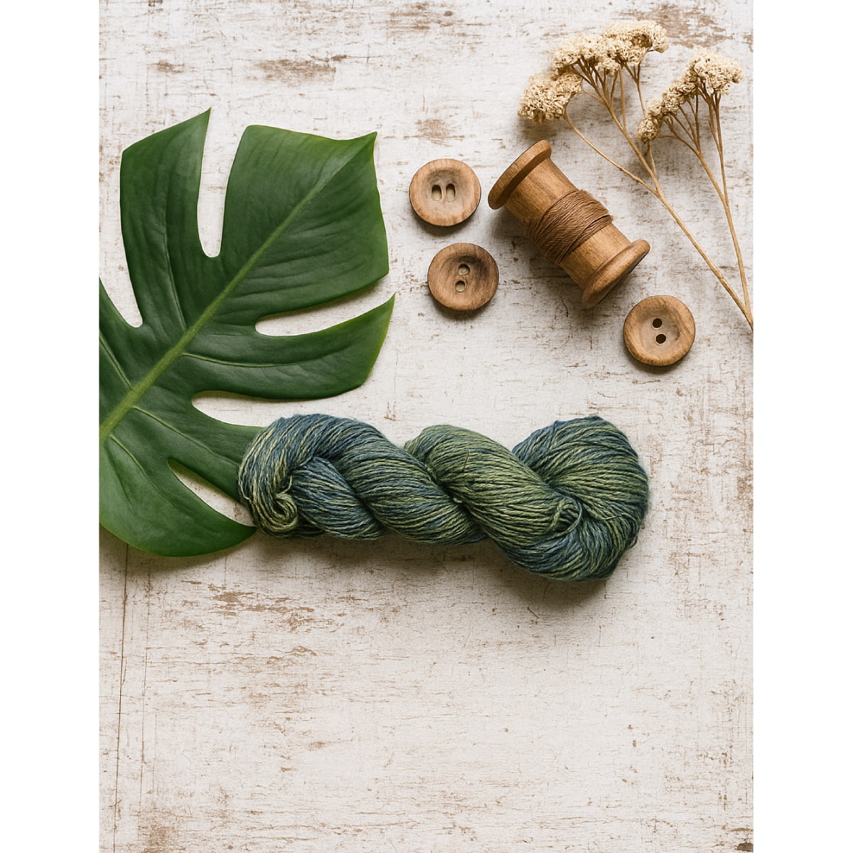 Hand-dyed Cotton Linen Yarn – Meadow Glow shade in dark, light, and medium green hues – styled image.