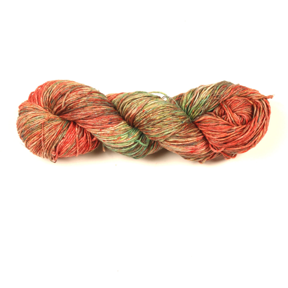 Hand-dyed Cotton Linen Yarn – “Harvest Glow” shade with orange, green, and off-white tones, soft natural blend on white background.