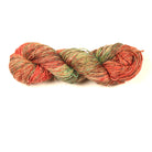 Hand-dyed Cotton Linen Yarn – “Harvest Glow” shade with orange, green, and off-white tones, soft natural blend on white background.