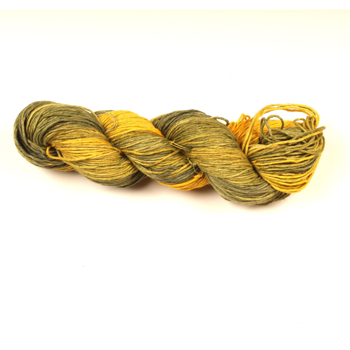 Cotton Linen Yarn – “Olive Dusk” shade with yellow, green, and black tie-dye tones, soft natural fiber yarn.
