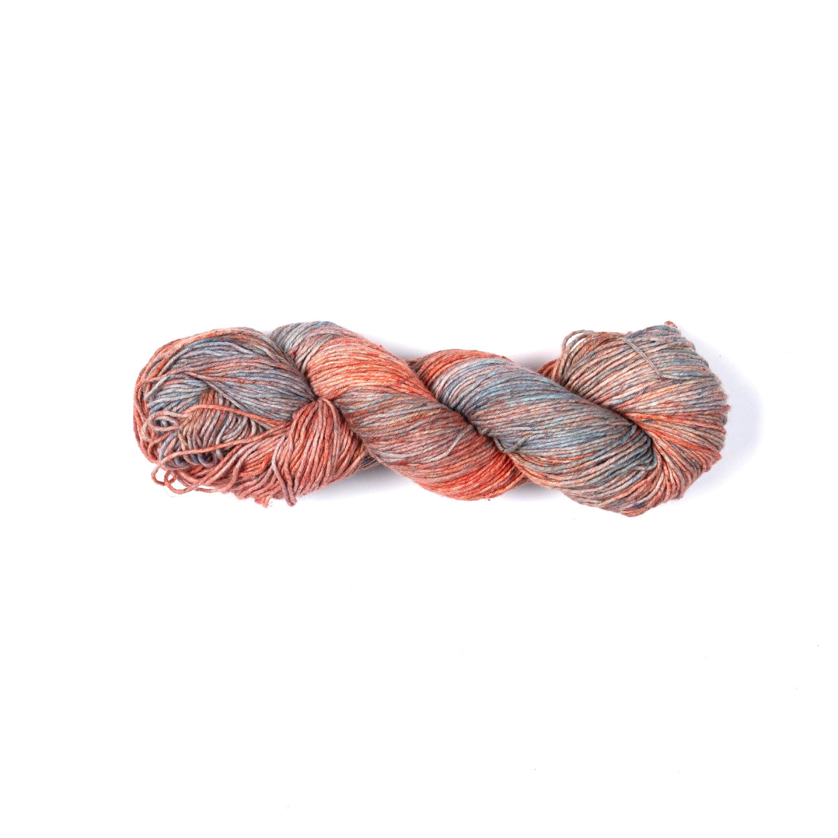 Hand-dyed Cotton Linen Yarn – Sky Drift shade in orange, light blue, white, and gray.