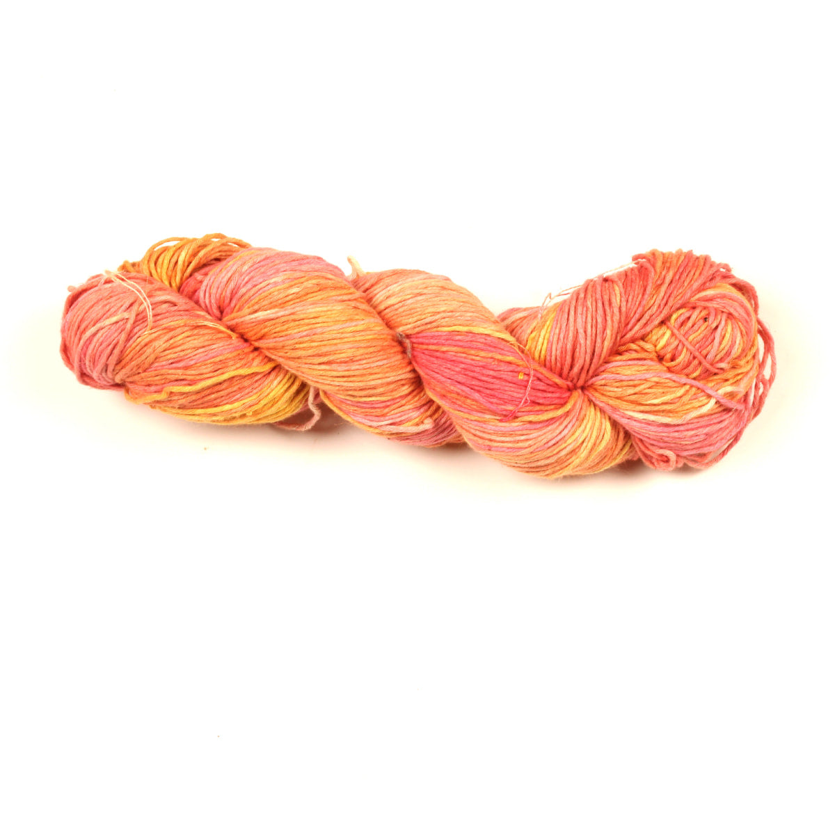 Cotton Linen Yarn – “Peach Bloom” shade with orange, pink, and yellow tones, hand-dyed soft yarn on white background.