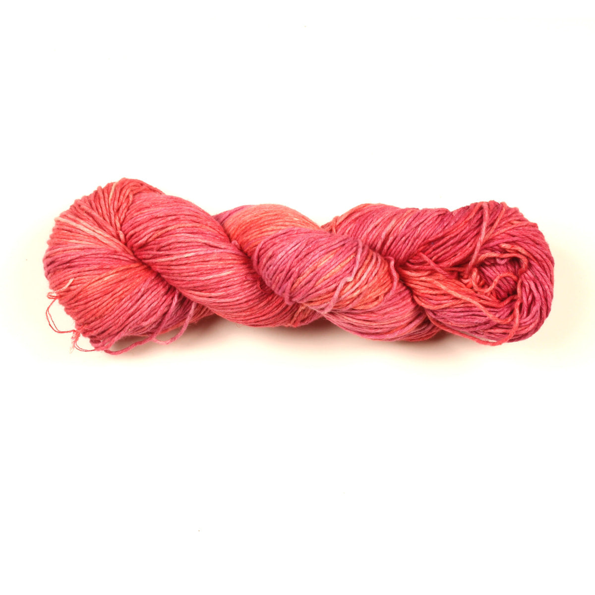 Hand-dyed Cotton Linen Yarn – “Rose Drift” shade in soft and deep pink tones, artisan yarn on white background.