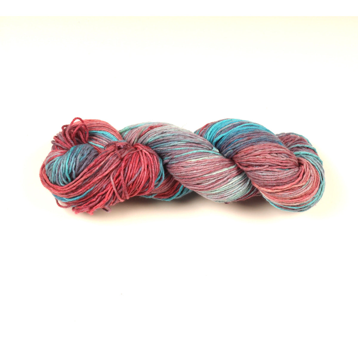 Cotton Linen Yarn – “Rustic Tide” shade with reddish, gray, blue, and turquoise tones, hand-dyed artisan yarn.