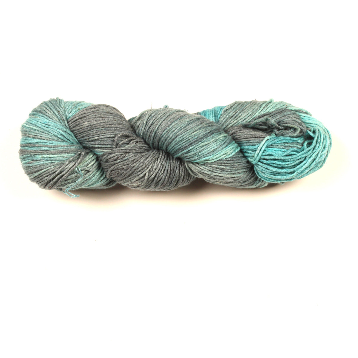 Cotton Linen Yarn – “Teal Ash” shade in gray and turquoise tones, soft hand-dyed yarn on white background.