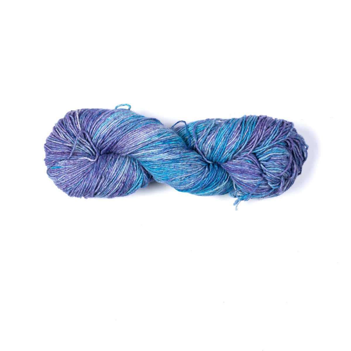 Hand-dyed Cotton Linen Yarn – Ocean Mirage shade in turquoise, lavender, and blue tones.