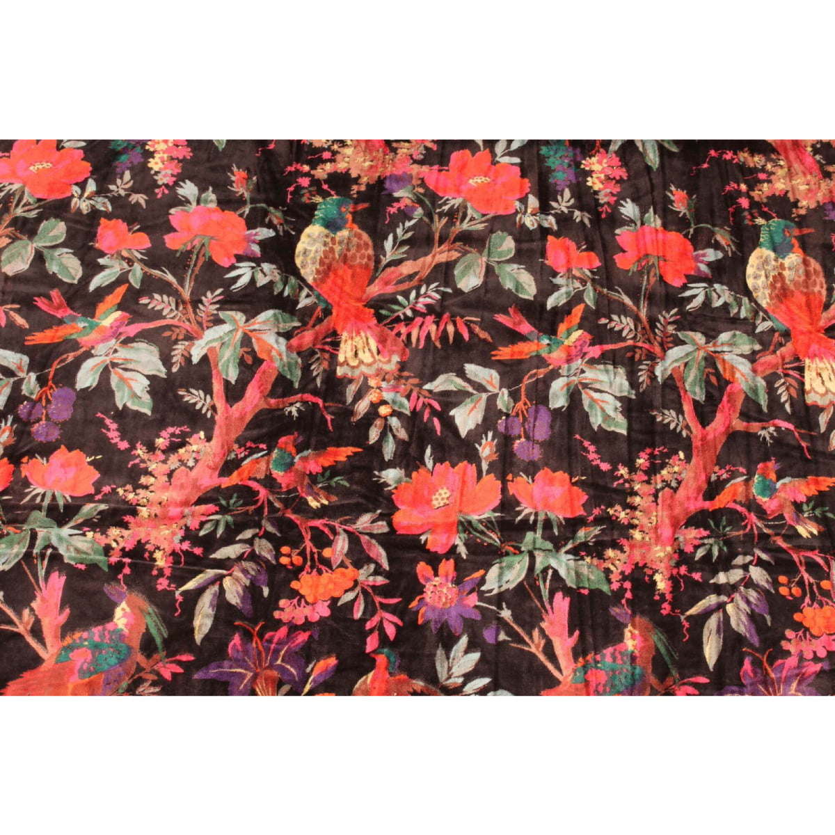 Hand-printed cotton velvet in black with colorful birds and branches – flatlay view
