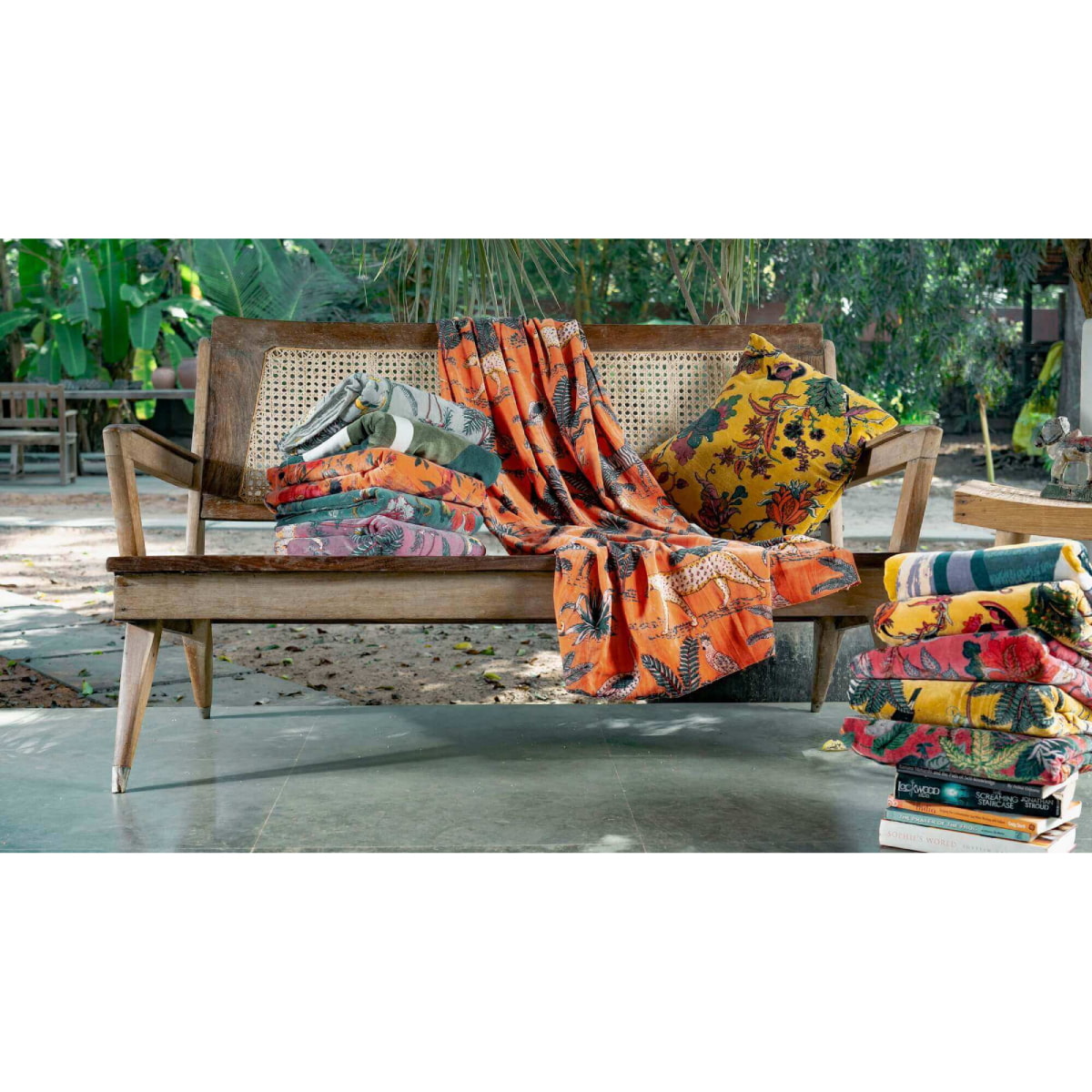 Orange hand-printed cotton velvet with cheetah, zebra & tropical birds – styled view