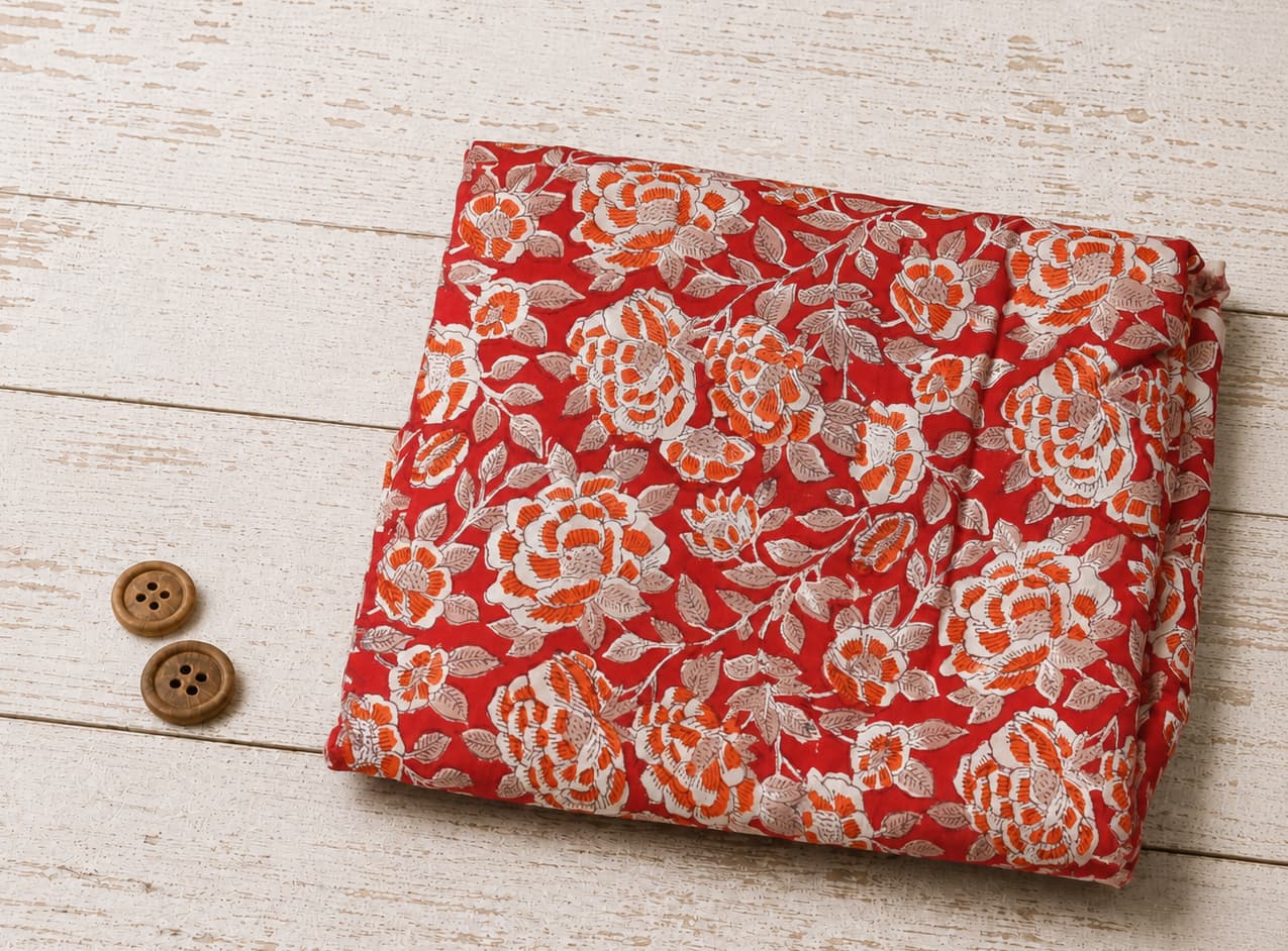 Crimson Rosewood block printed cotton fabric folded on a wooden surface with vintage sewing accessories